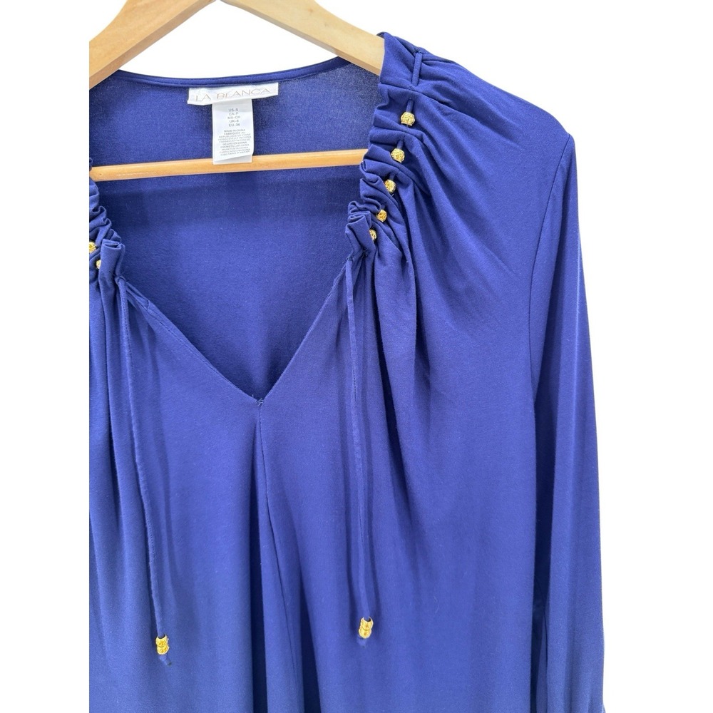 La Blanca Ruched Tunic Cover-Up Swim Beach Dress Blue Gold Beads Size Small NWT - Picture 4 of 9
